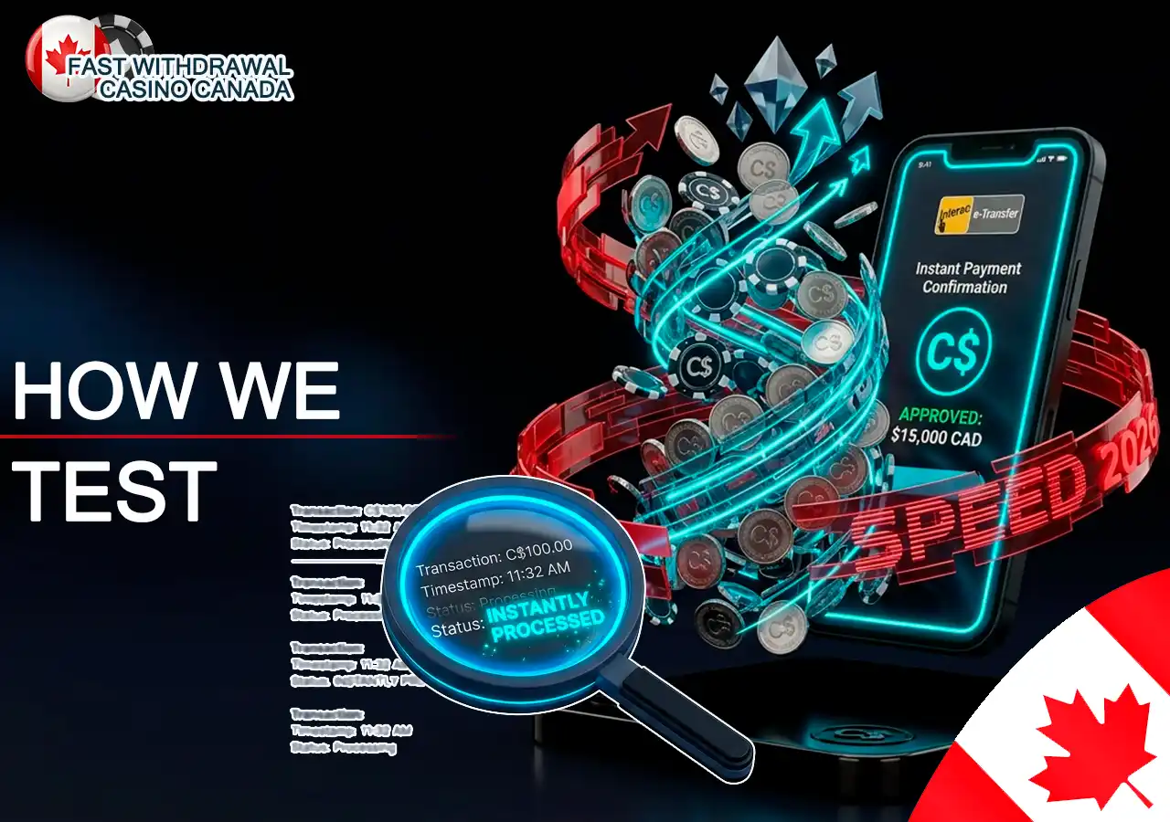 Testing methodology for fast withdrawal speed and reliability at Canadian casinos.
